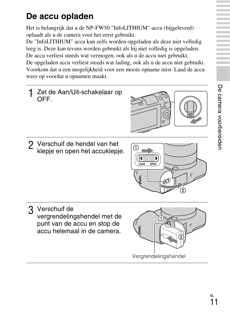 De accu opladen, K (11) | Sony NEX-F3 User Manual | Page 325 / 522