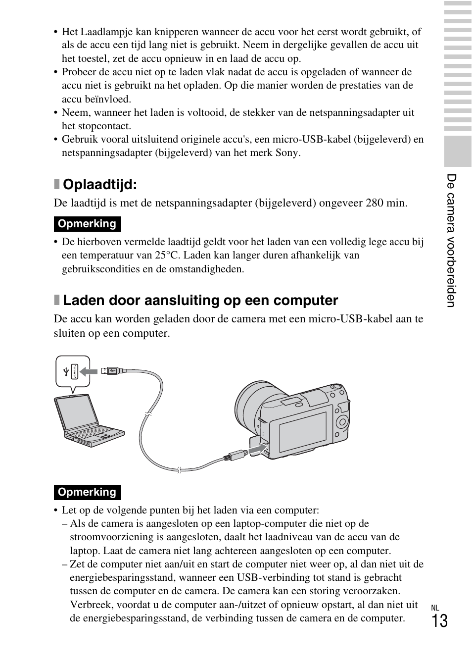 Xoplaadtijd, Xladen door aansluiting op een computer | Sony NEX-F3 User Manual | Page 327 / 522