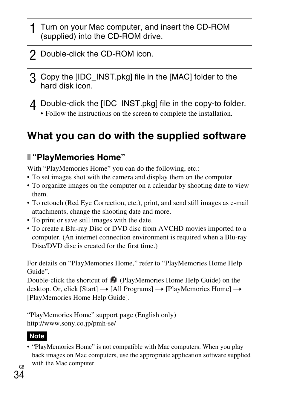 What you can do with the supplied software, 34 what you can do with the supplied software | Sony NEX-F3 User Manual | Page 34 / 522