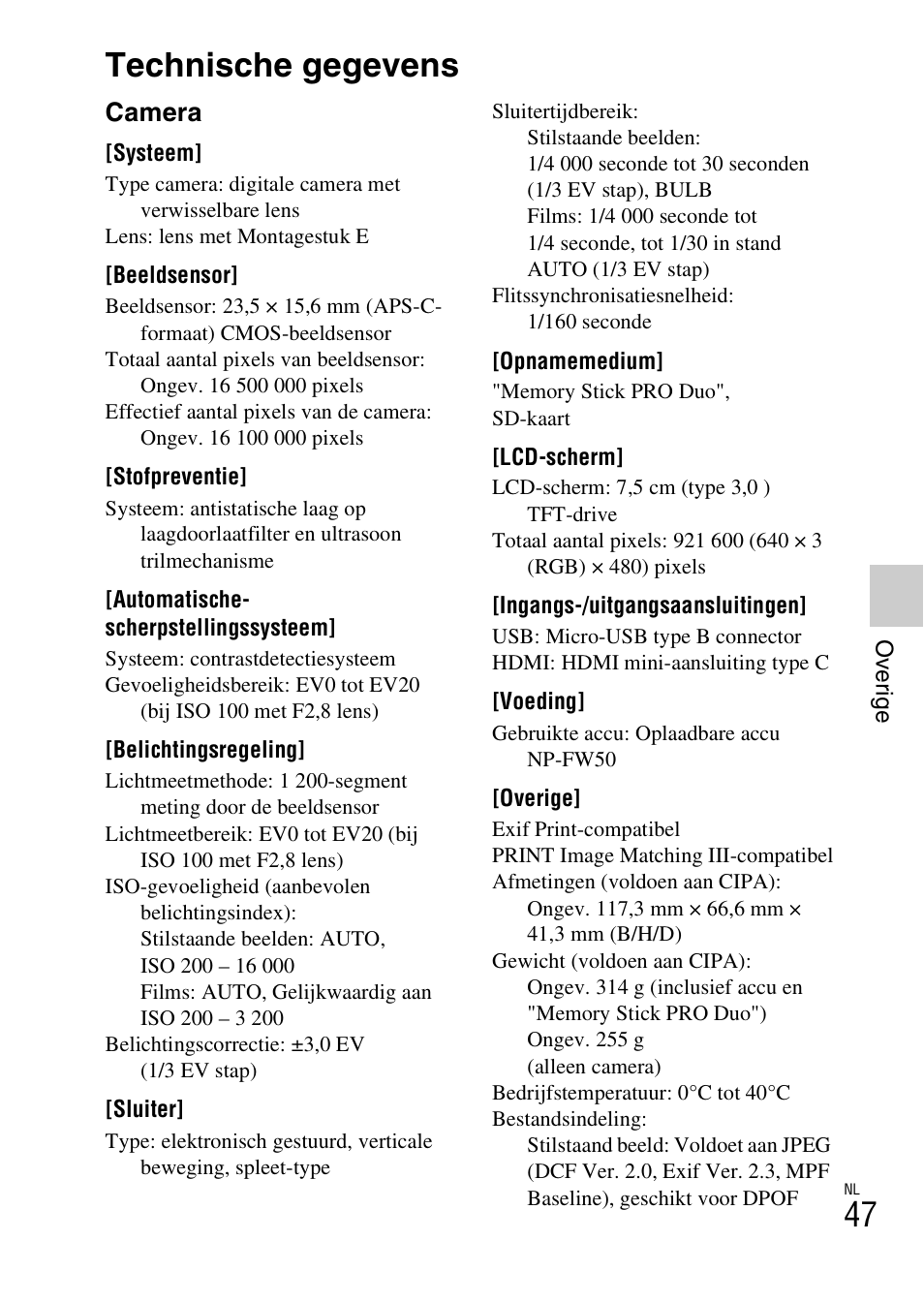 Technische gegevens, Camera | Sony NEX-F3 User Manual | Page 361 / 522