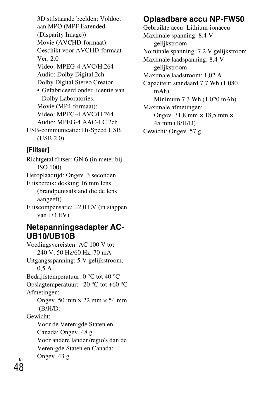 Netspanningsadapter ac- ub10/ub10b, Oplaadbare accu np-fw50 | Sony NEX-F3 User Manual | Page 362 / 522