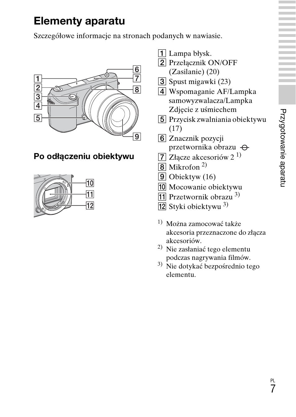 Elementy aparatu, Po odłączeniu obiektywu | Sony NEX-F3 User Manual | Page 371 / 522