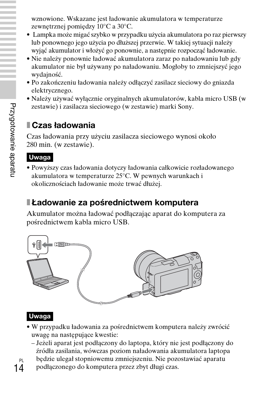 Xczas ładowania, Xładowanie za poœrednictwem komputera | Sony NEX-F3 User Manual | Page 378 / 522