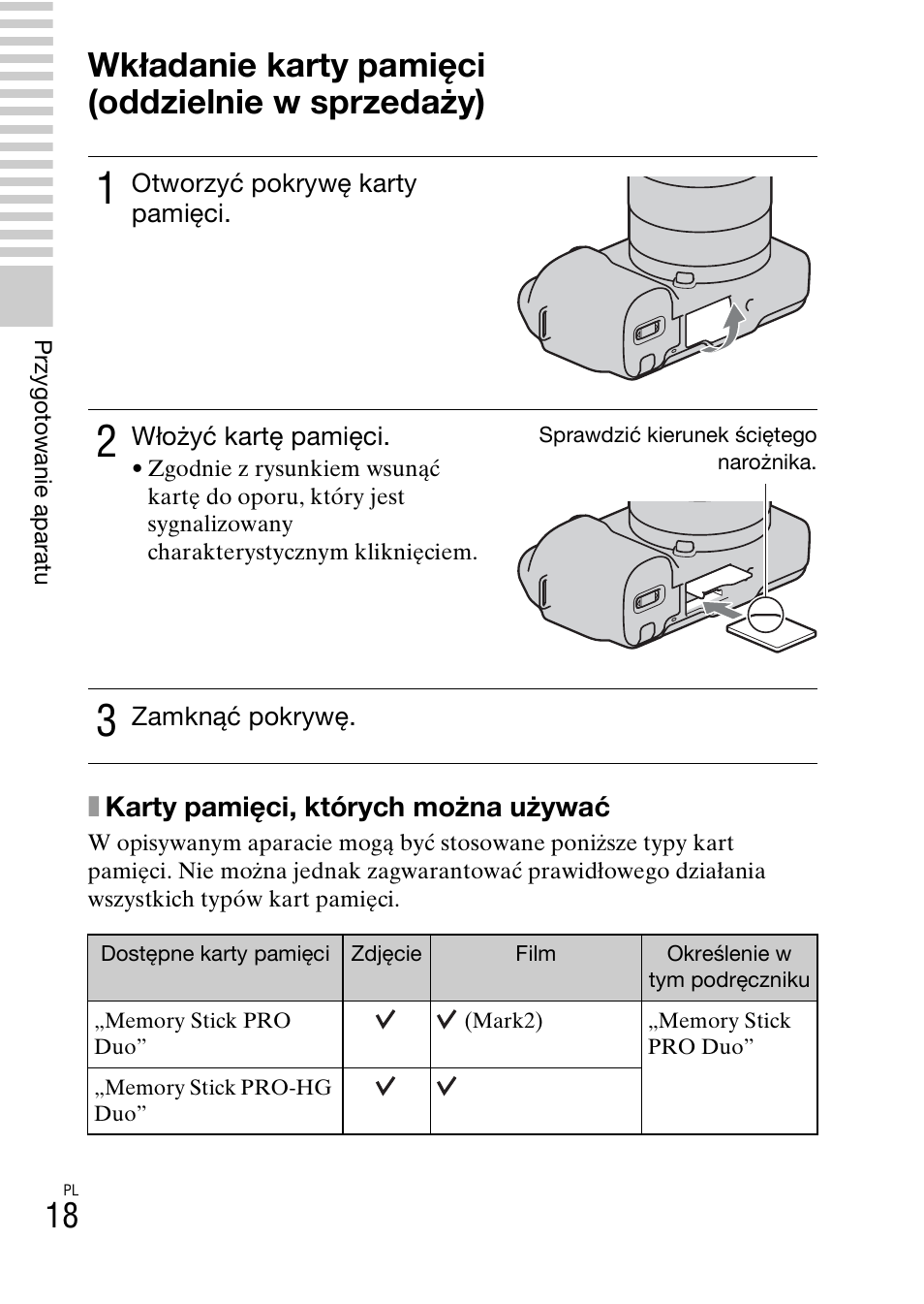 Wkładanie karty pamięci (oddzielnie w sprzedaży) | Sony NEX-F3 User Manual | Page 382 / 522