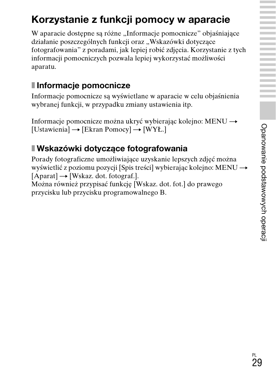 Korzystanie z funkcji pomocy w aparacie, Xinformacje pomocnicze, Xwskazówki dotyczące fotografowania | Sony NEX-F3 User Manual | Page 393 / 522