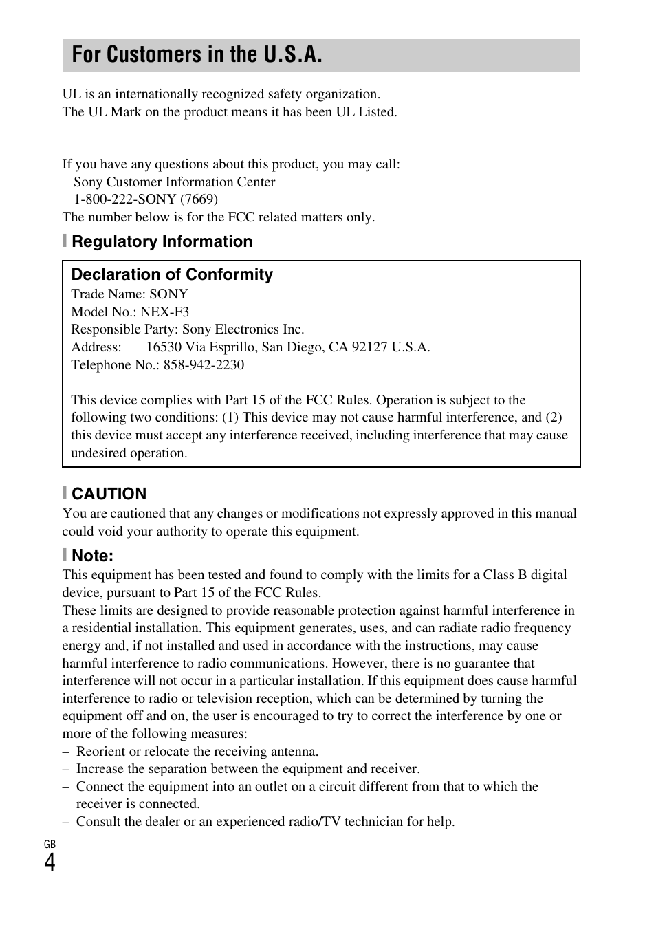 For customers in the u.s.a | Sony NEX-F3 User Manual | Page 4 / 522