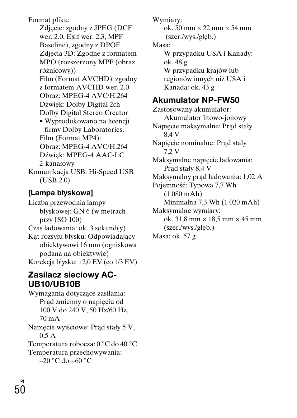 Zasilacz sieciowy ac- ub10/ub10b, Akumulator np-fw50 | Sony NEX-F3 User Manual | Page 414 / 522