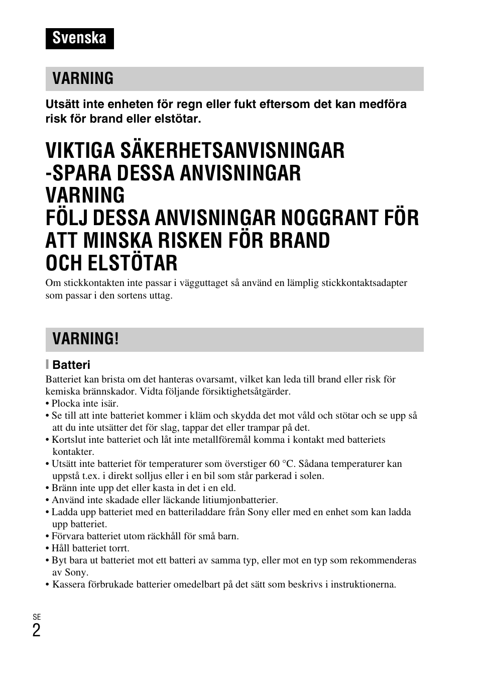 Svenska varning varning | Sony NEX-F3 User Manual | Page 418 / 522