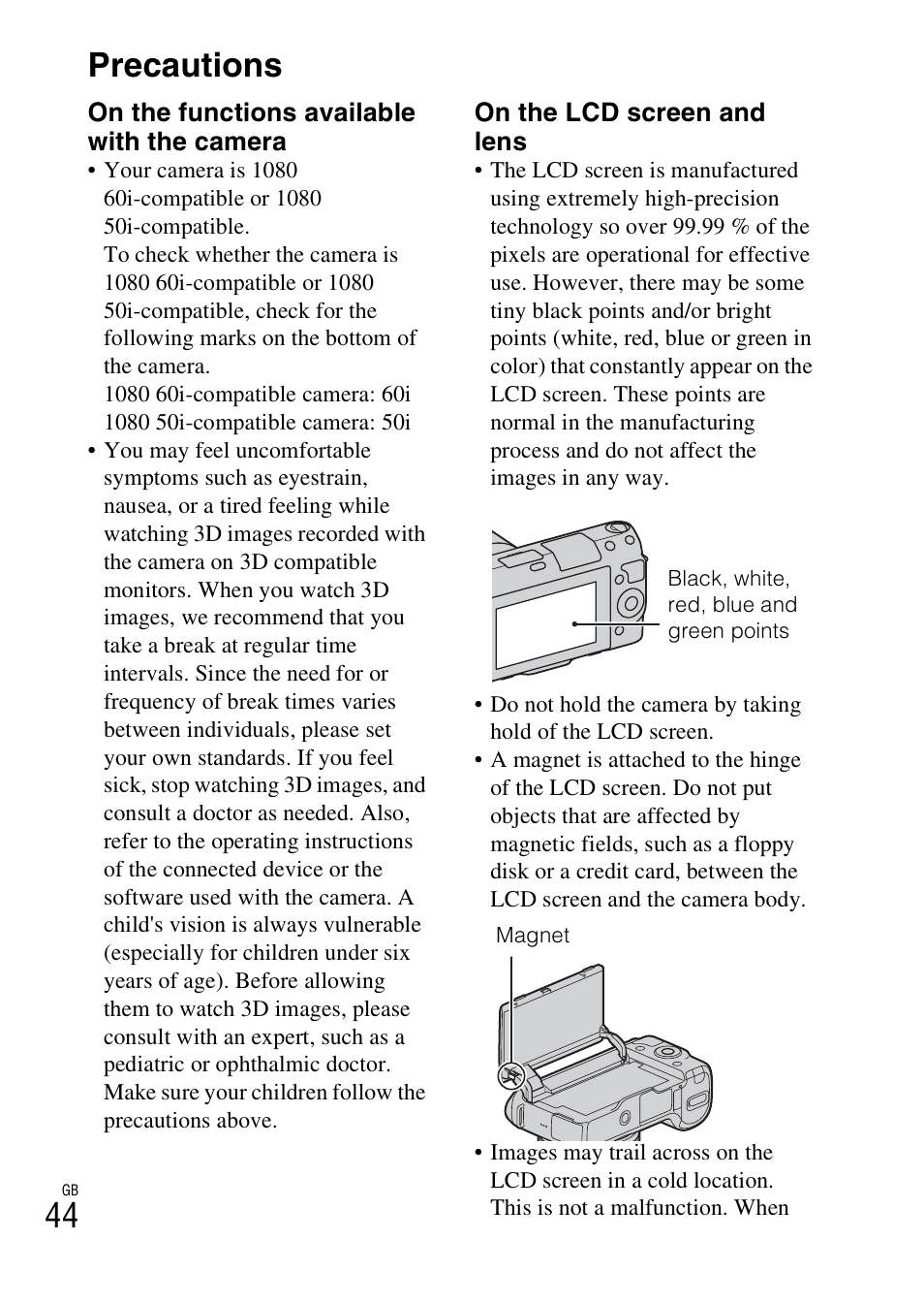 Precautions, 44 precautions | Sony NEX-F3 User Manual | Page 44 / 522