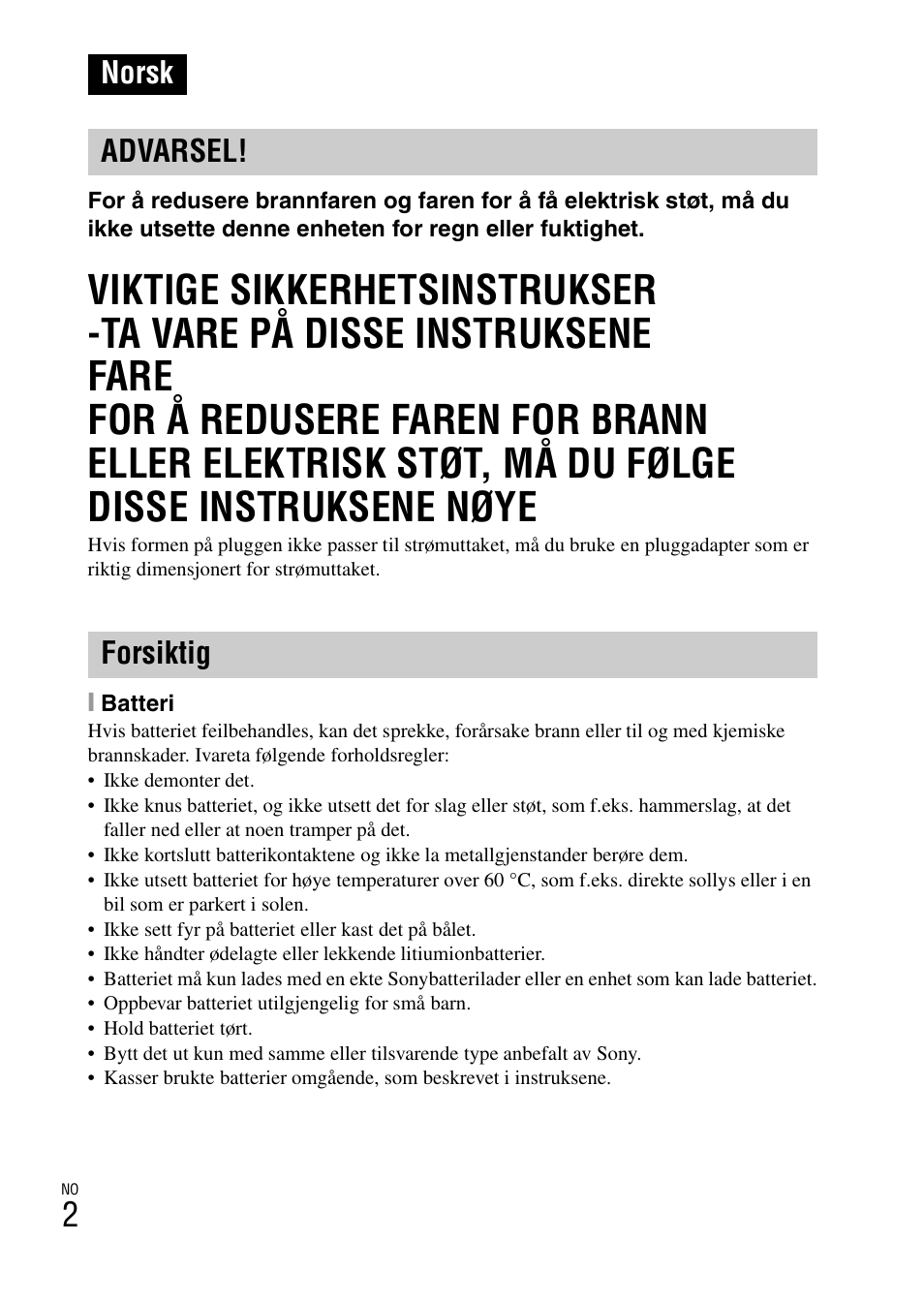 Norsk advarsel! forsiktig | Sony NEX-F3 User Manual | Page 470 / 522