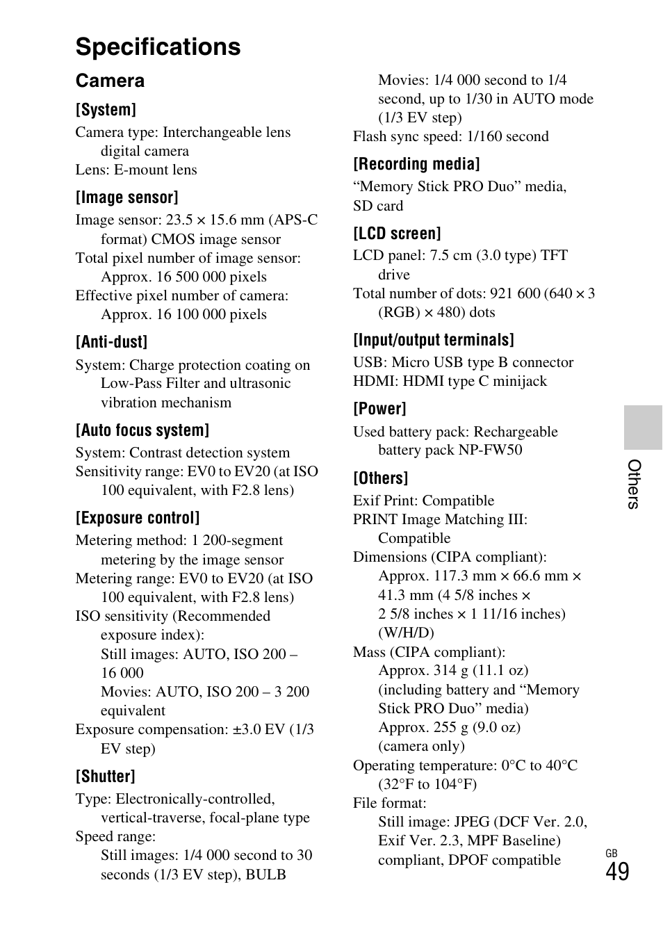 Specifications, Camera | Sony NEX-F3 User Manual | Page 49 / 522