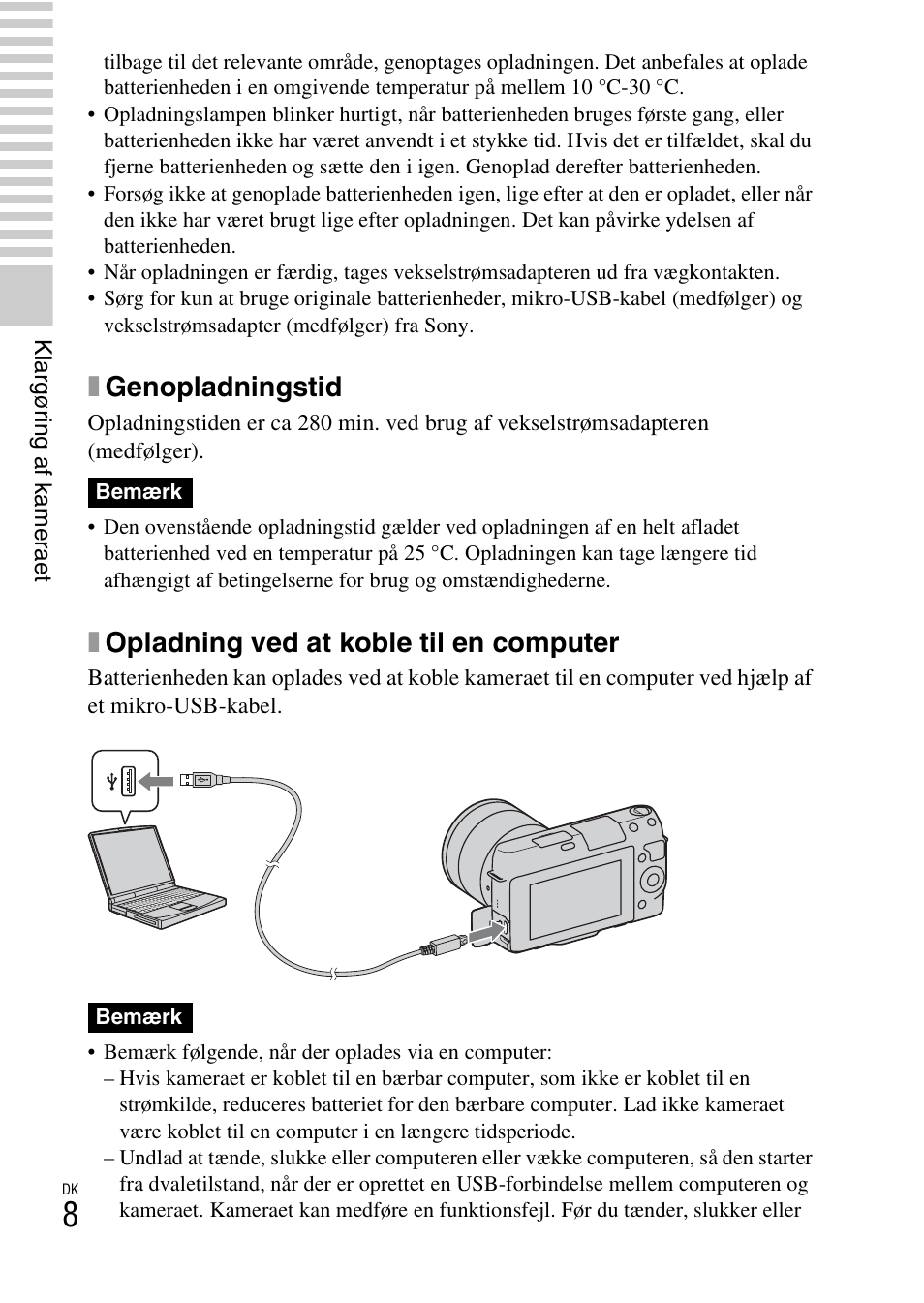 Xgenopladningstid, Xopladning ved at koble til en computer | Sony NEX-F3 User Manual | Page 502 / 522