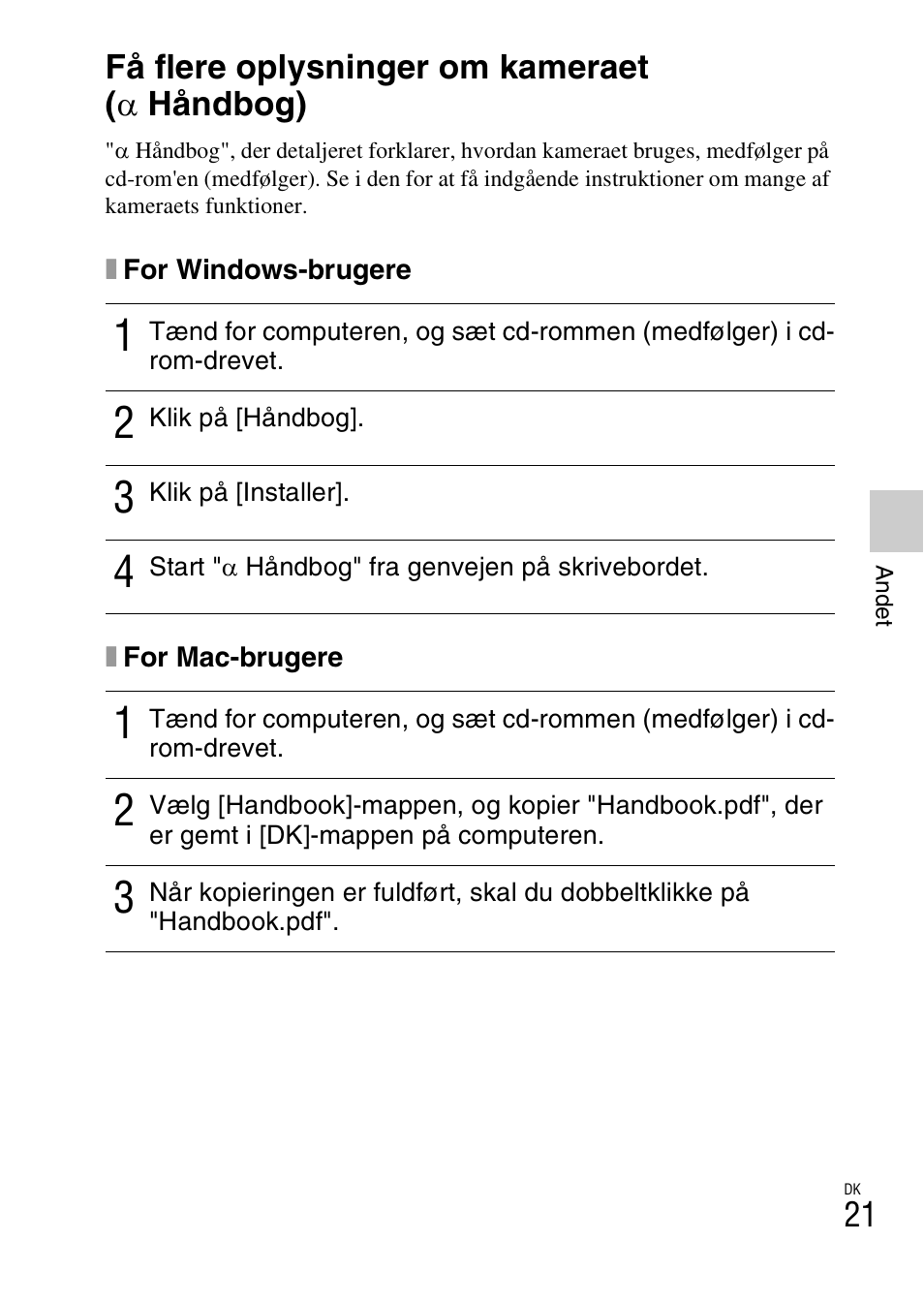 Andet, Få flere oplysninger om kameraet (a håndbog) | Sony NEX-F3 User Manual | Page 515 / 522