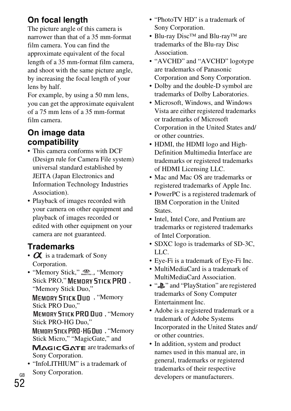 On focal length, On image data compatibility, Trademarks | Sony NEX-F3 User Manual | Page 52 / 522