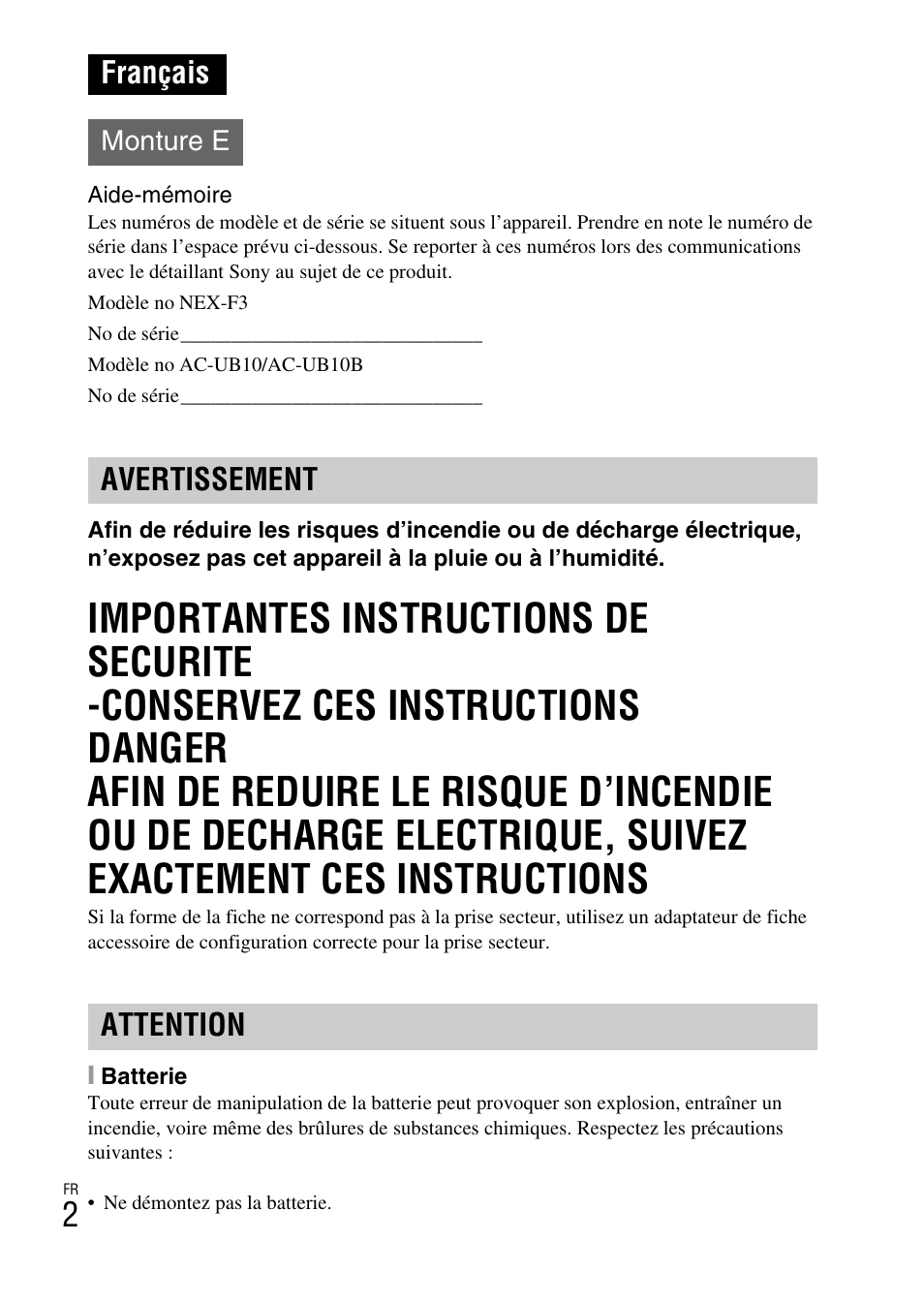 Français, Avertissement attention, Monture e | Sony NEX-F3 User Manual | Page 54 / 522