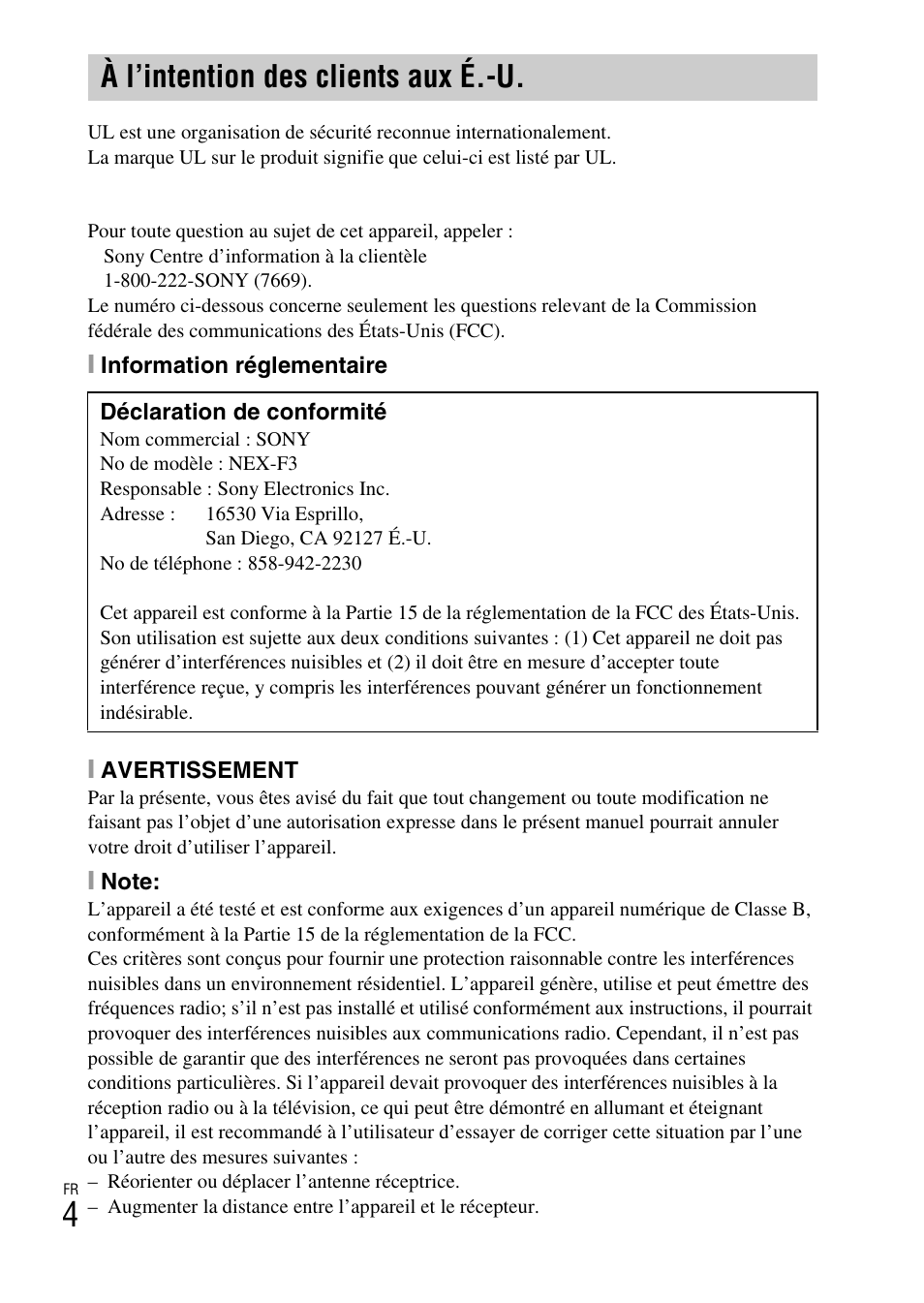 À l’intention des clients aux é.-u | Sony NEX-F3 User Manual | Page 56 / 522