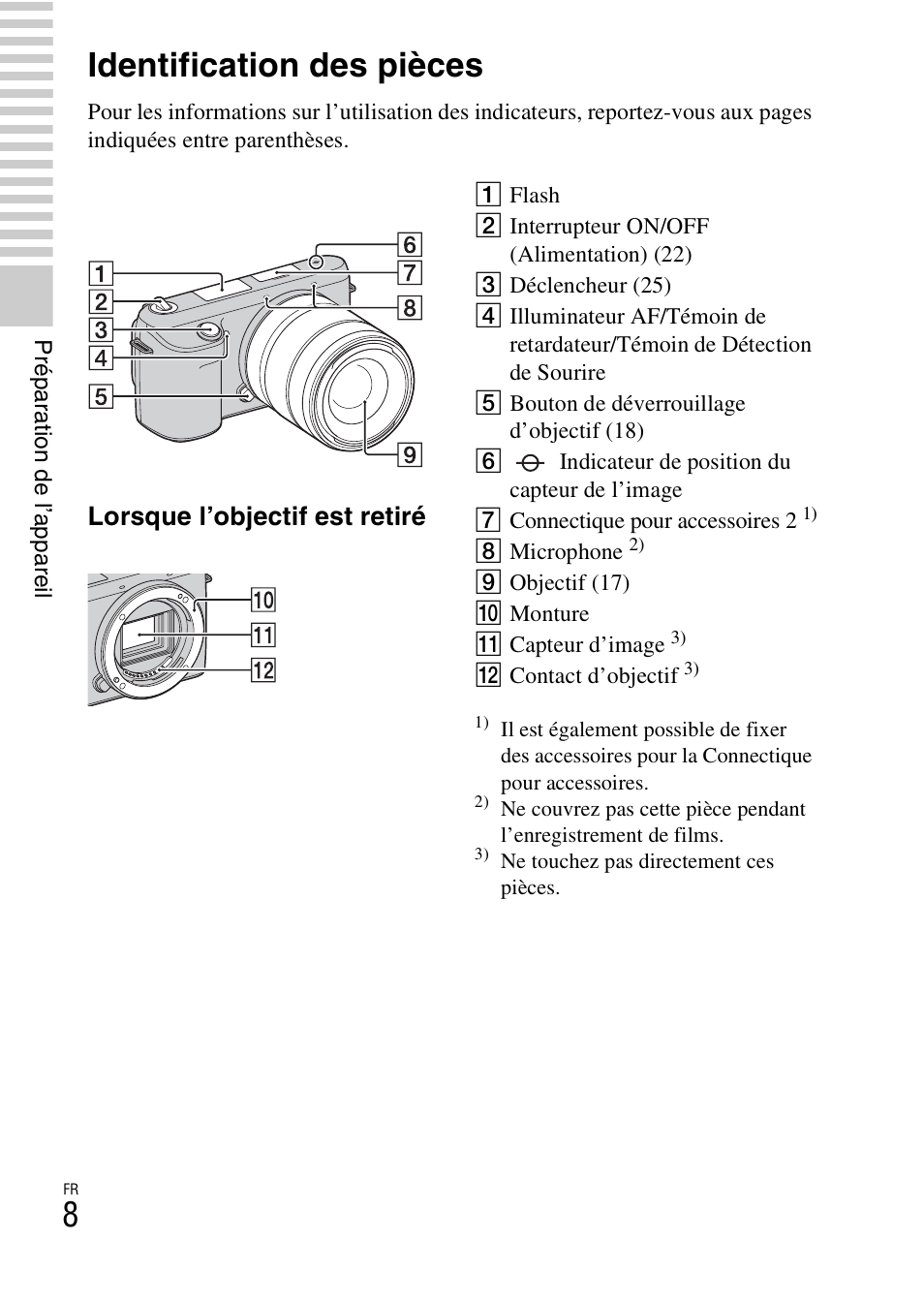 Identification des pièces, Lorsque l’objectif est retiré | Sony NEX-F3 User Manual | Page 60 / 522