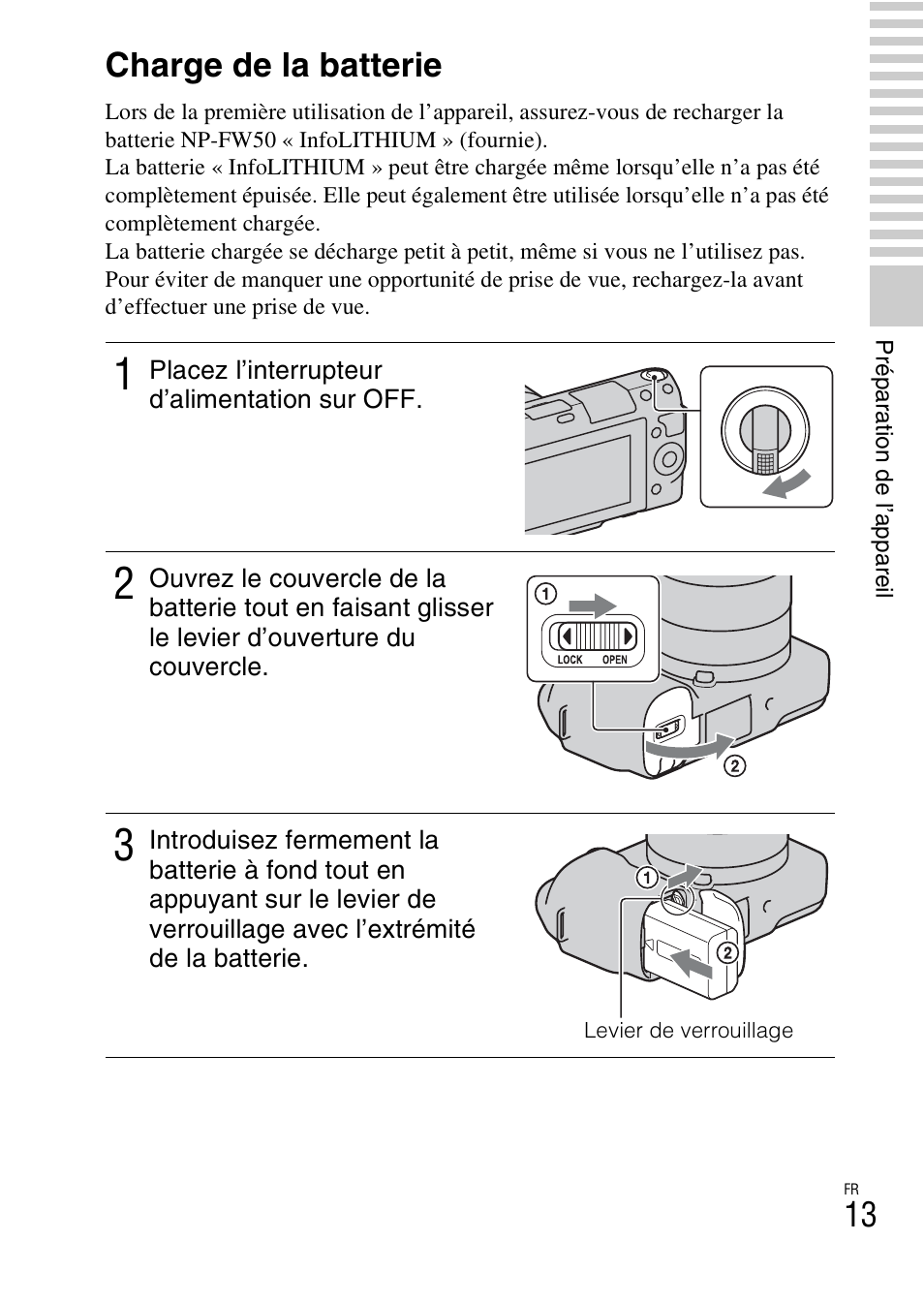 Charge de la batterie | Sony NEX-F3 User Manual | Page 65 / 522