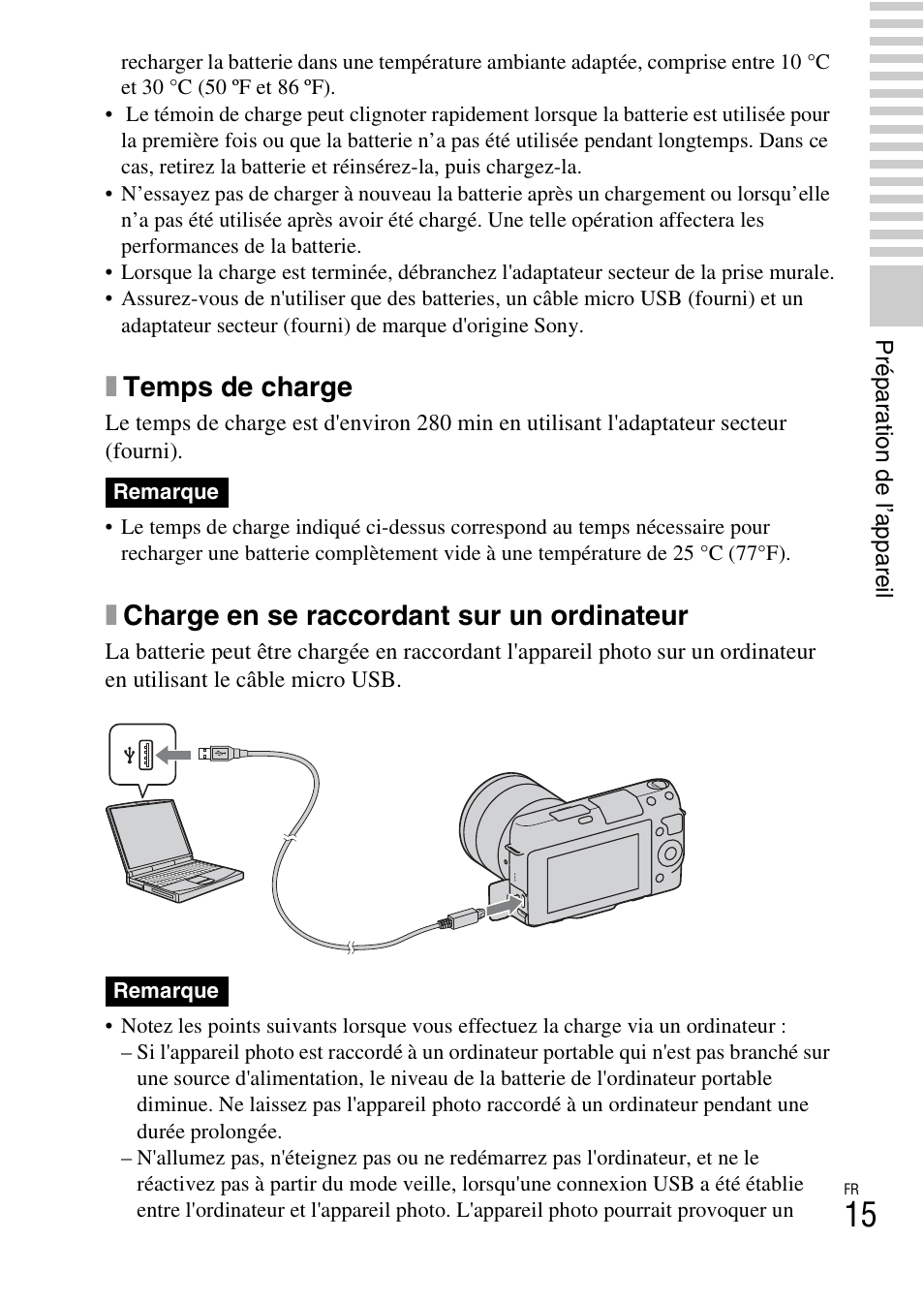 Xtemps de charge, Xcharge en se raccordant sur un ordinateur | Sony NEX-F3 User Manual | Page 67 / 522