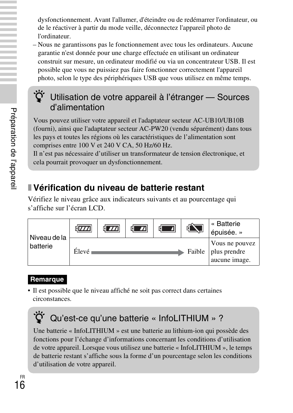 Xvérification du niveau de batterie restant, Qu’est-ce qu’une batterie « infolithium | Sony NEX-F3 User Manual | Page 68 / 522