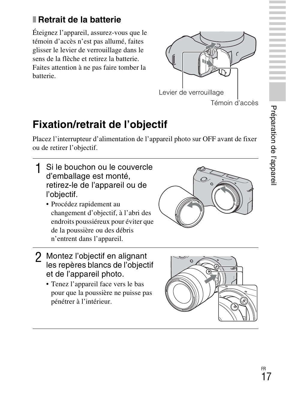 Fixation/retrait de l’objectif | Sony NEX-F3 User Manual | Page 69 / 522