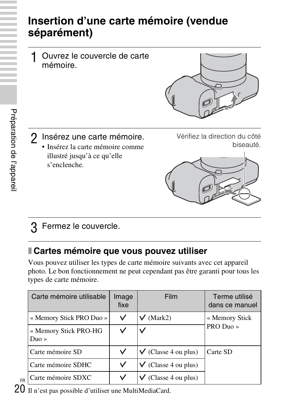 Insertion d’une carte mémoire (vendue séparément), Xcartes mémoire que vous pouvez utiliser | Sony NEX-F3 User Manual | Page 72 / 522