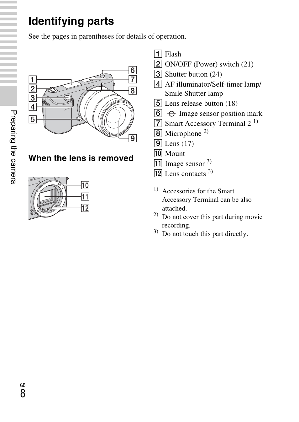 Identifying parts, When the lens is removed | Sony NEX-F3 User Manual | Page 8 / 522