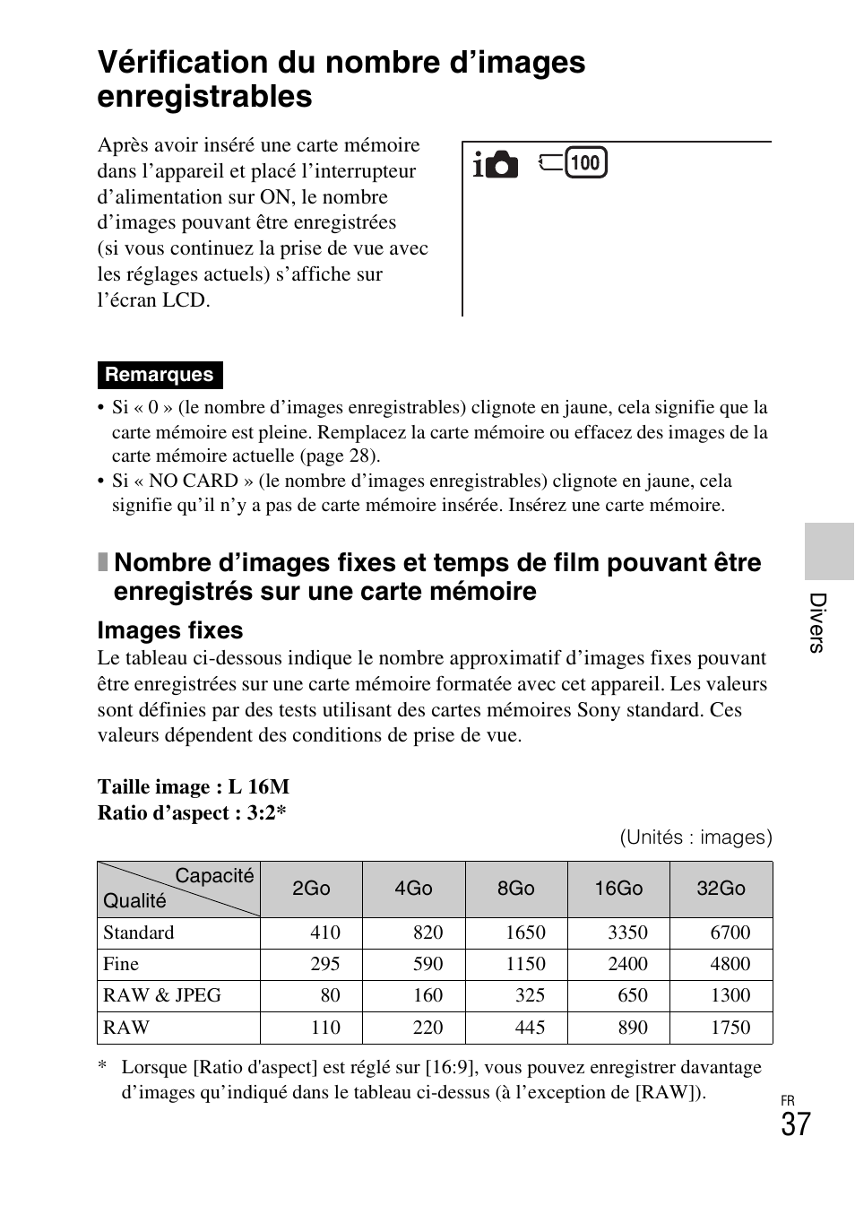 Divers, Vérification du nombre d’images enregistrables, Images fixes | Sony NEX-F3 User Manual | Page 89 / 522