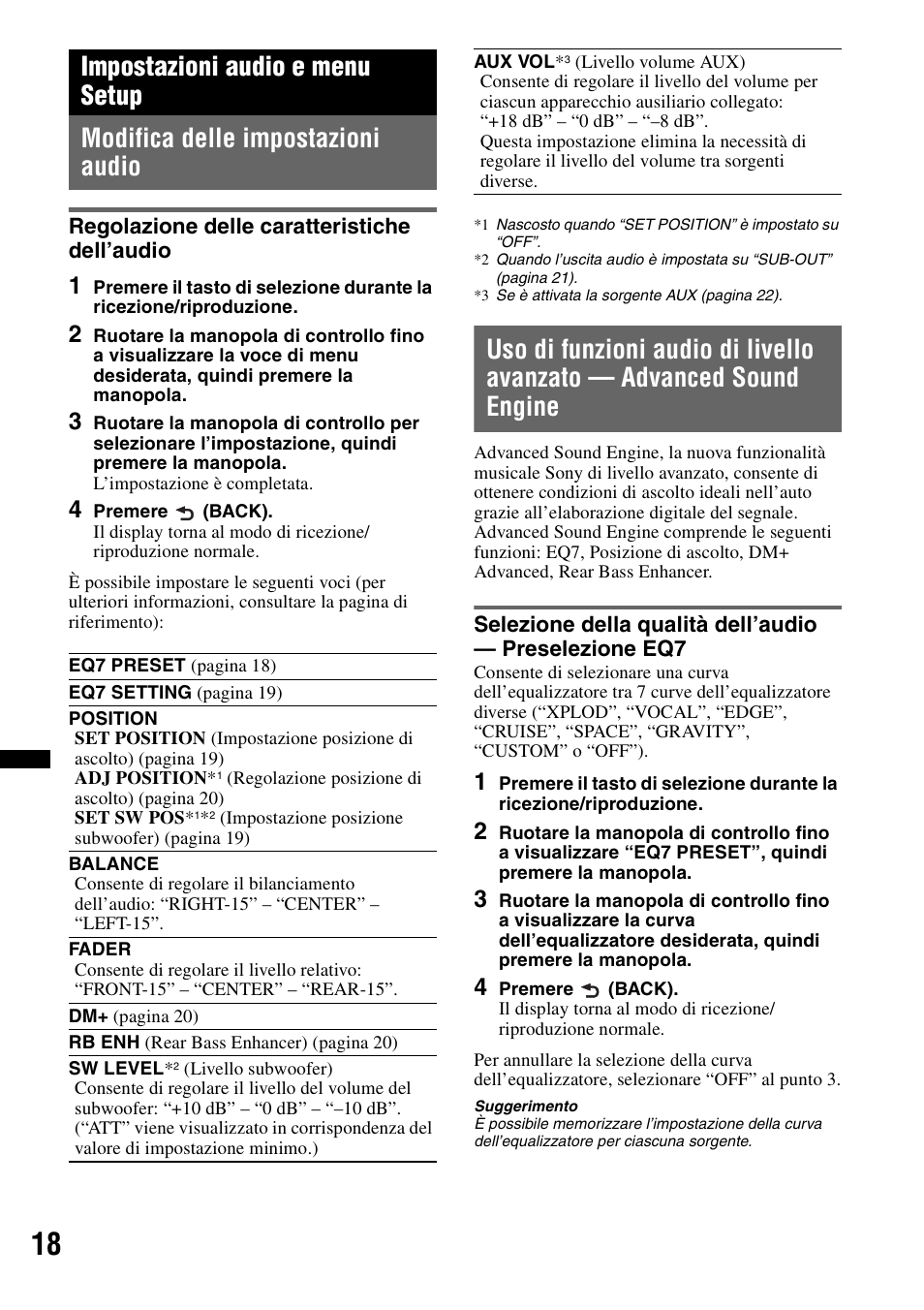 Impostazioni audio e menu setup, Modifica delle impostazioni audio, Regolazione delle caratteristiche dell’audio | Sony CDX-GT550UI User Manual | Page 100 / 140