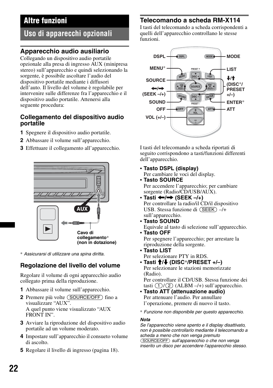 Altre funzioni, Uso di apparecchi opzionali, Apparecchio audio ausiliario | Telecomando a scheda rm-x114, Altre funzioni uso di apparecchi opzionali, Collegamento del dispositivo audio portatile, Regolazione del livello del volume | Sony CDX-GT550UI User Manual | Page 104 / 140