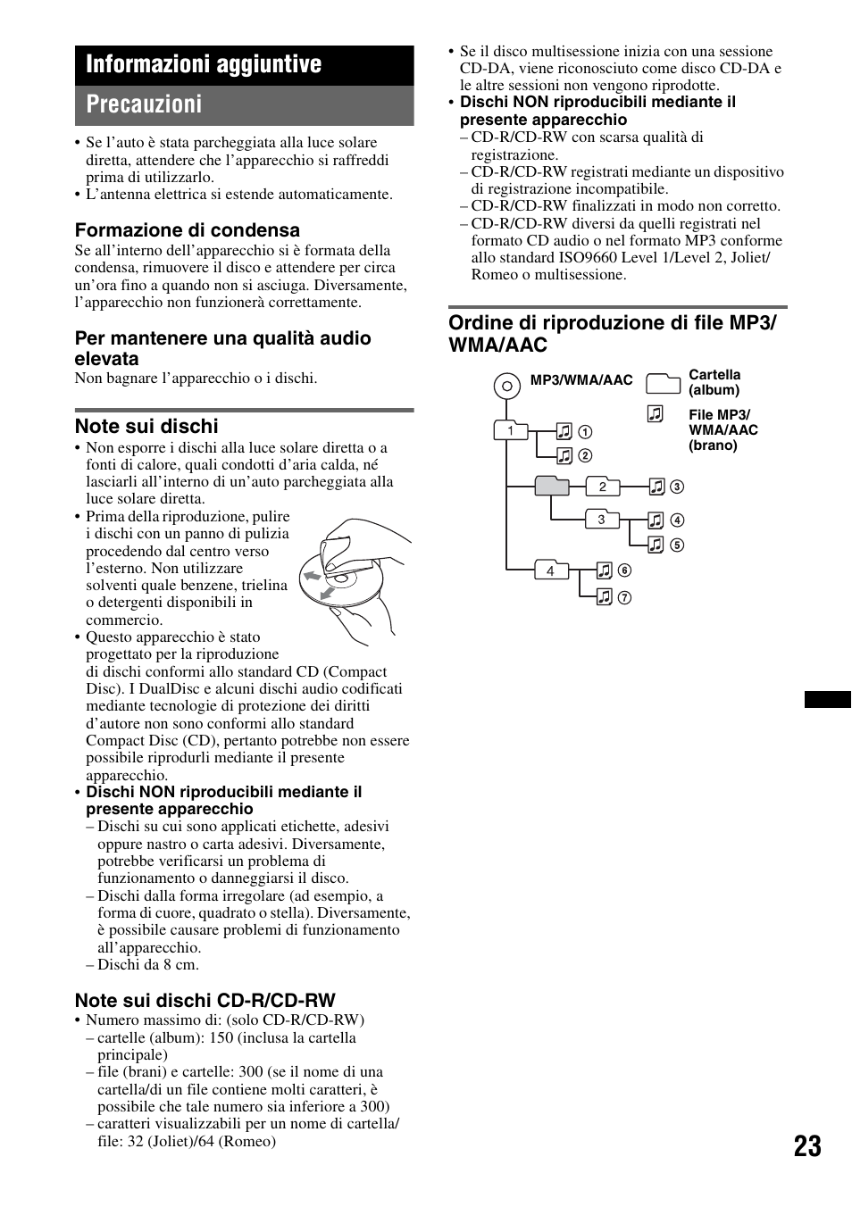 Informazioni aggiuntive, Precauzioni, Note sui dischi | Ordine di riproduzione di file mp3/ wma/aac, Informazioni aggiuntive precauzioni | Sony CDX-GT550UI User Manual | Page 105 / 140