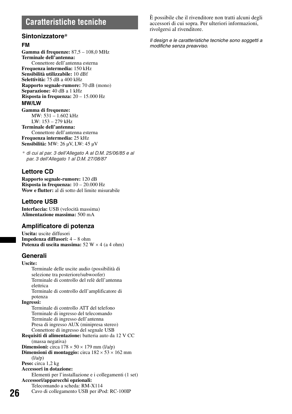 Caratteristiche tecniche | Sony CDX-GT550UI User Manual | Page 108 / 140