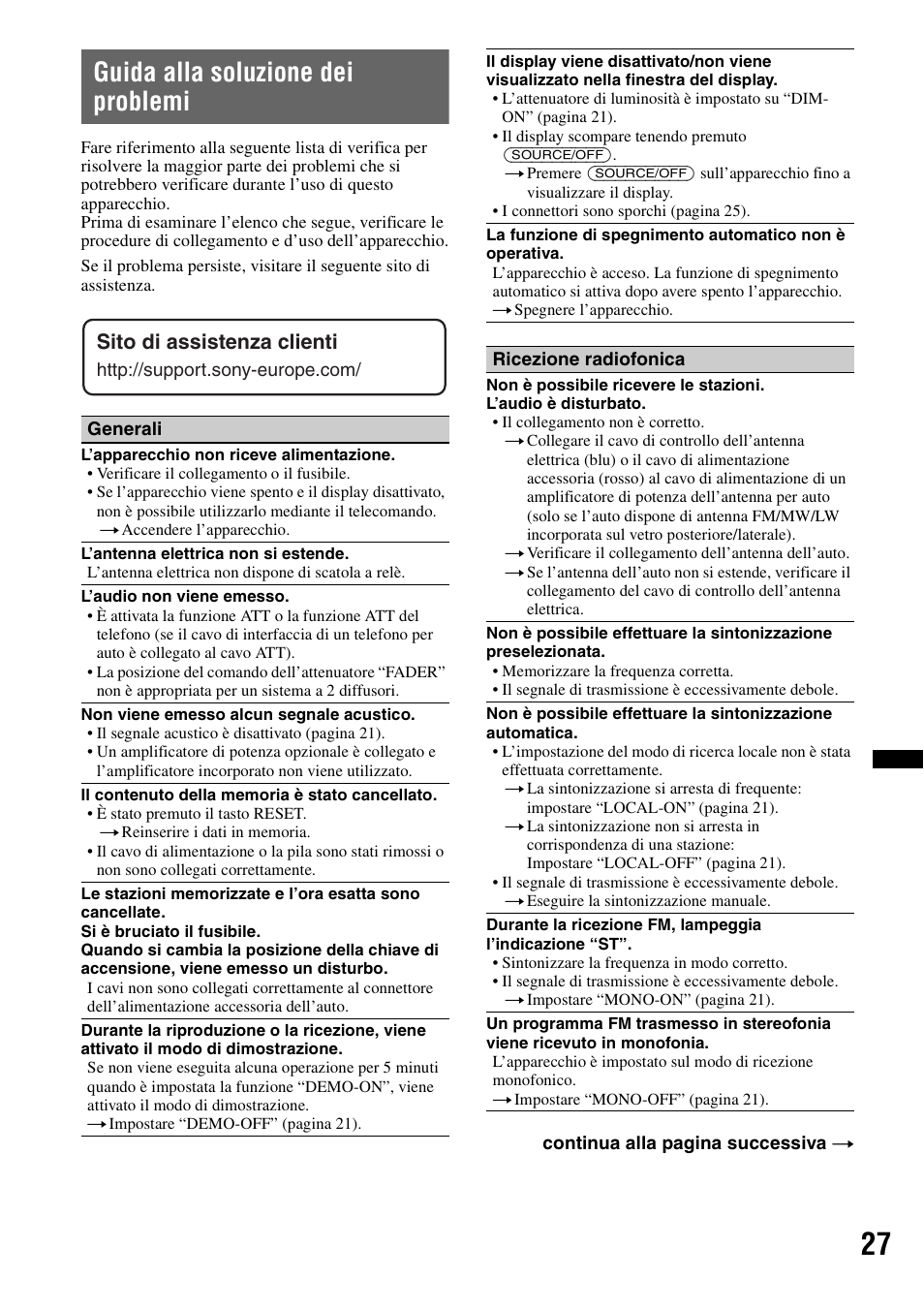 Guida alla soluzione dei problemi, Sito di assistenza clienti | Sony CDX-GT550UI User Manual | Page 109 / 140