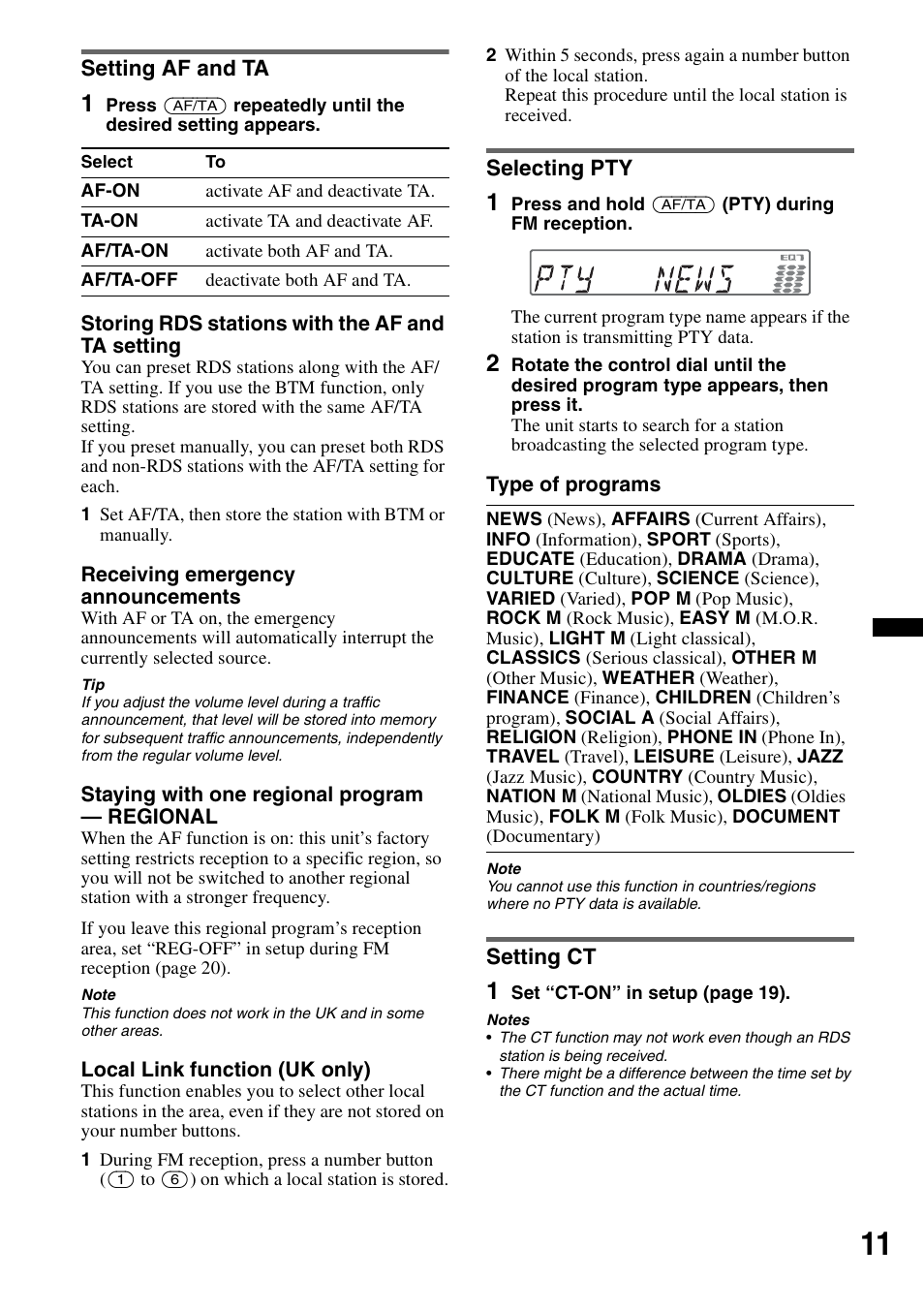 Setting af and ta, Selecting pty, Setting ct | Setting af and ta selecting pty setting ct | Sony CDX-GT550UI User Manual | Page 11 / 140