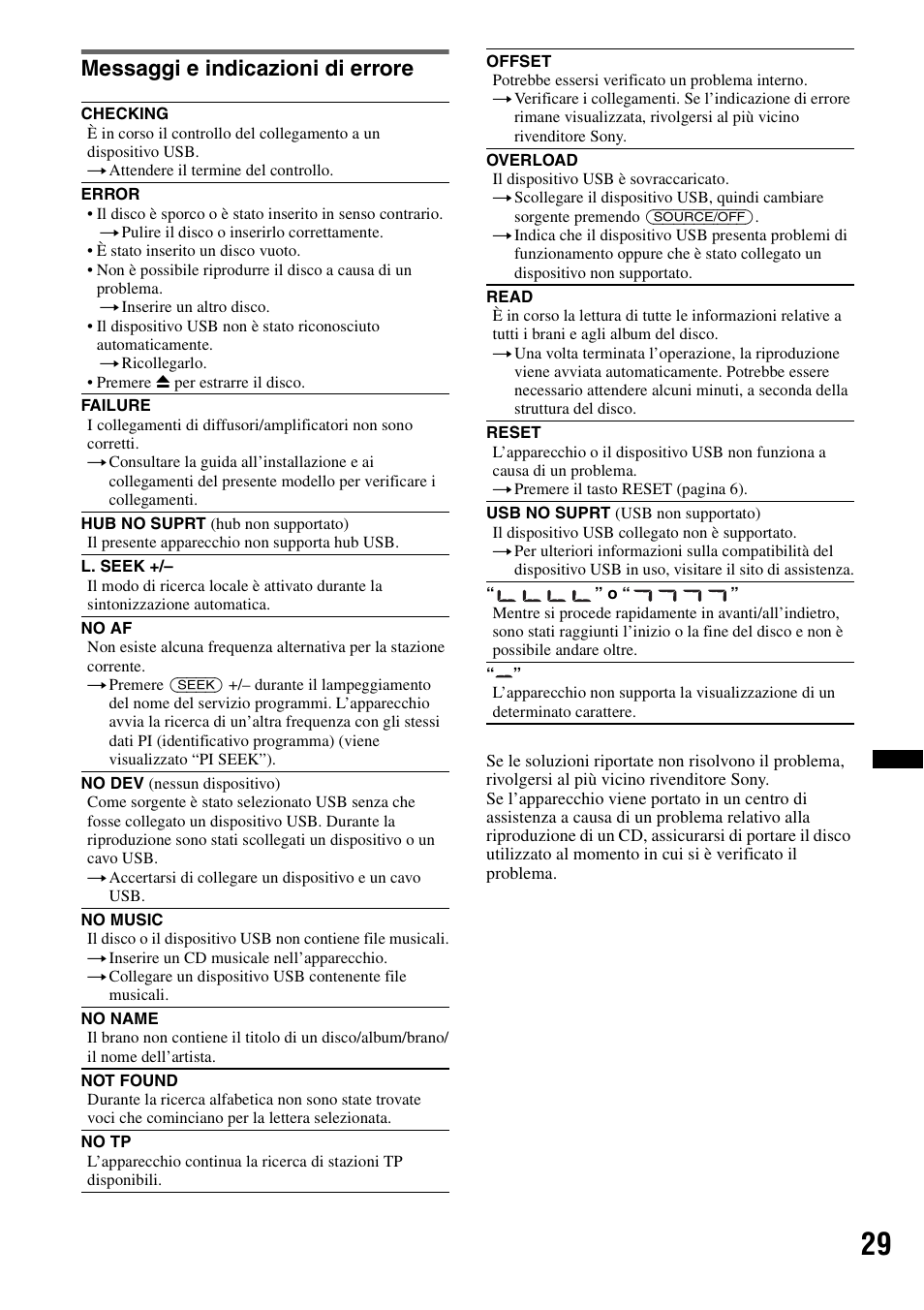 Messaggi e indicazioni di errore | Sony CDX-GT550UI User Manual | Page 111 / 140