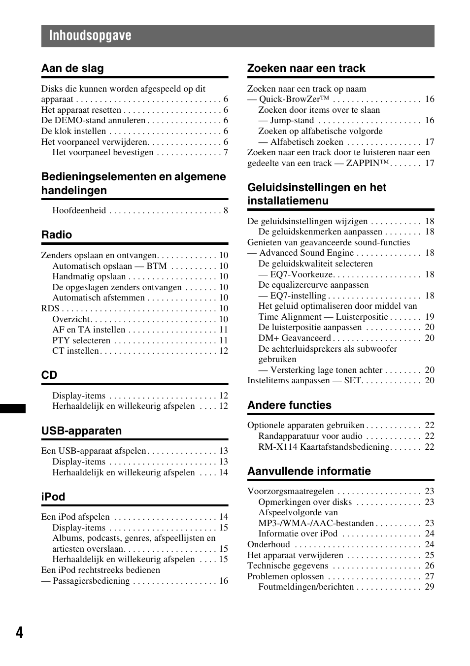 Inhoudsopgave | Sony CDX-GT550UI User Manual | Page 114 / 140