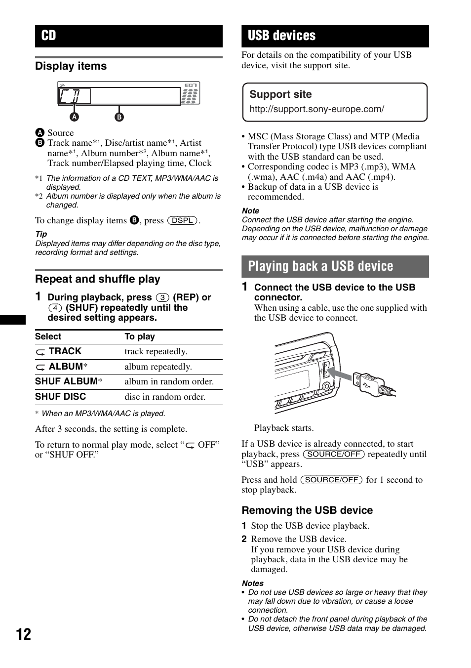 Display items, Repeat and shuffle play, Usb devices | Playing back a usb device, Display items repeat and shuffle play | Sony CDX-GT550UI User Manual | Page 12 / 140