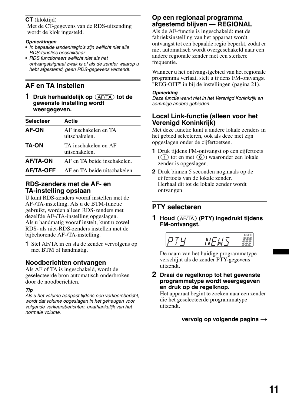 Af en ta instellen, Pty selecteren, Af en ta instellen pty selecteren | Sony CDX-GT550UI User Manual | Page 121 / 140