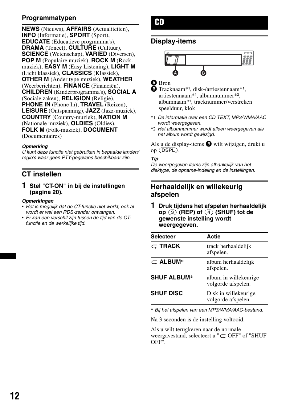 Ct instellen, Display-items, Herhaaldelijk en willekeurig afspelen | Sony CDX-GT550UI User Manual | Page 122 / 140