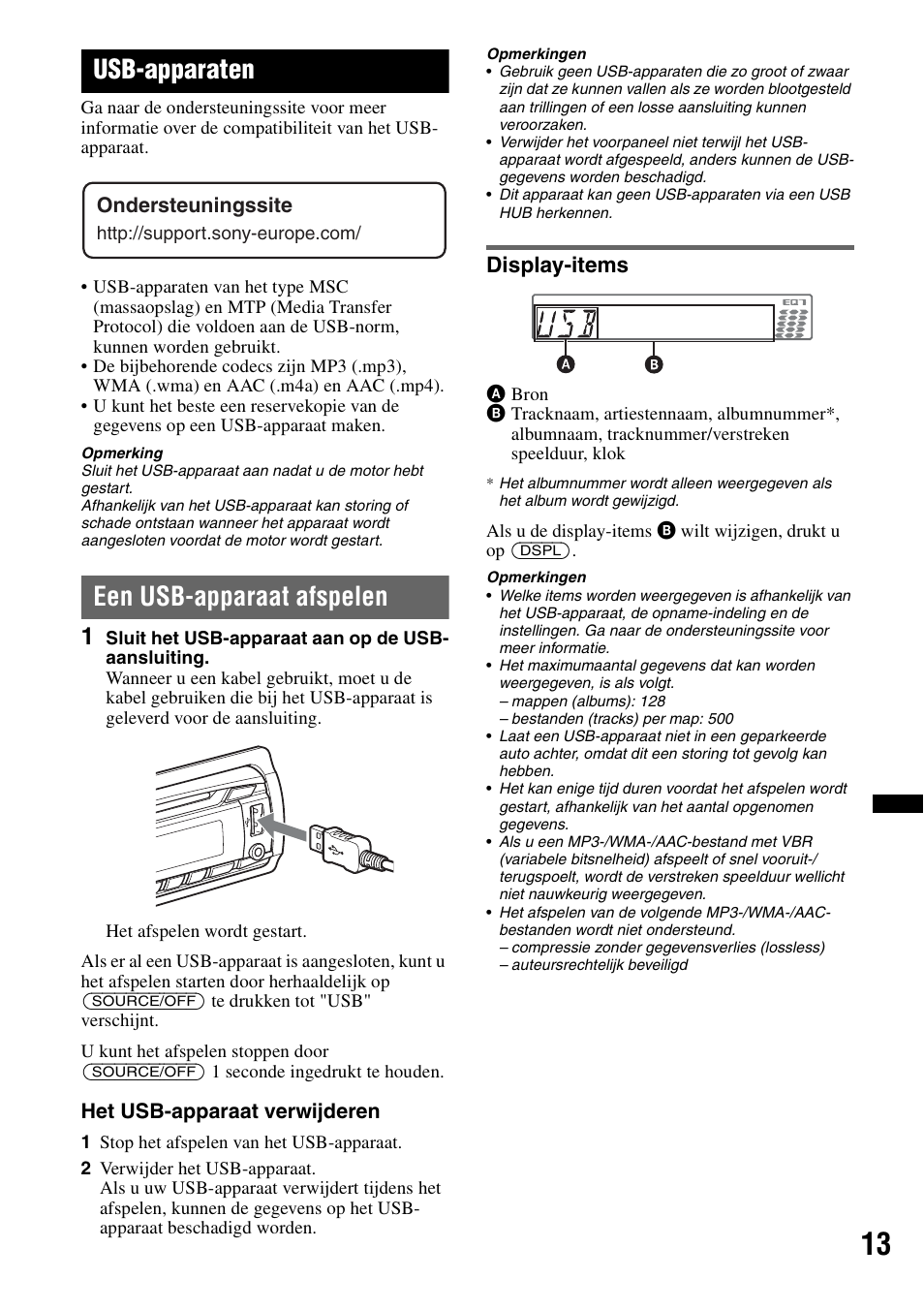 Usb-apparaten, Een usb-apparaat afspelen, Display-items | Sony CDX-GT550UI User Manual | Page 123 / 140