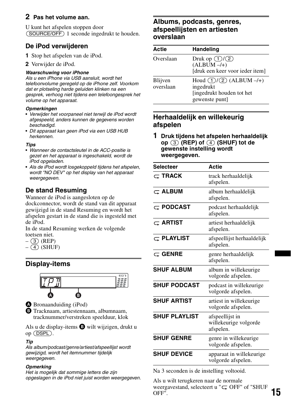 Display-items, Herhaaldelijk en willekeurig afspelen | Sony CDX-GT550UI User Manual | Page 125 / 140