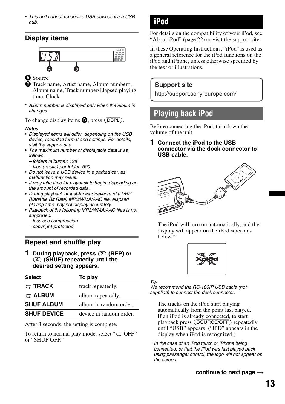 Display items, Repeat and shuffle play, Ipod | Playing back ipod, Display items repeat and shuffle play | Sony CDX-GT550UI User Manual | Page 13 / 140