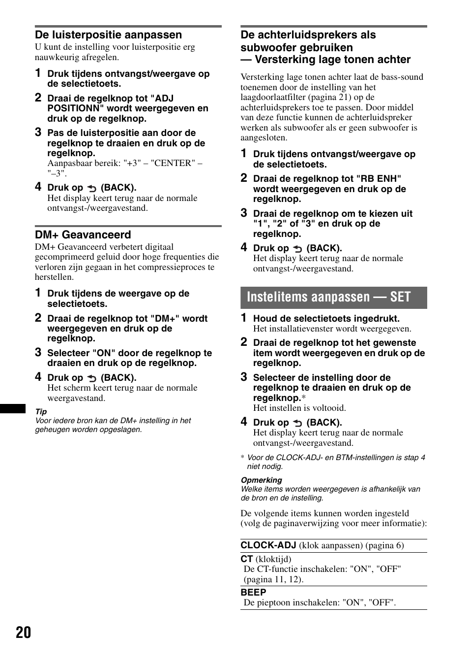 De luisterpositie aanpassen, Dm+ geavanceerd, Instelitems aanpassen - set | Instelitems aanpassen — set | Sony CDX-GT550UI User Manual | Page 130 / 140