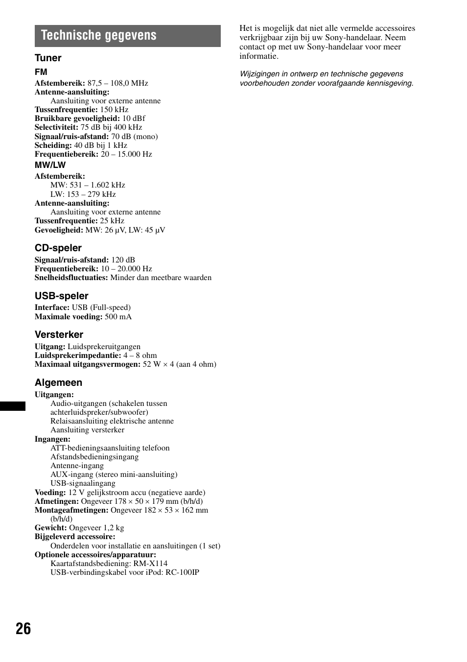 Technische gegevens | Sony CDX-GT550UI User Manual | Page 136 / 140