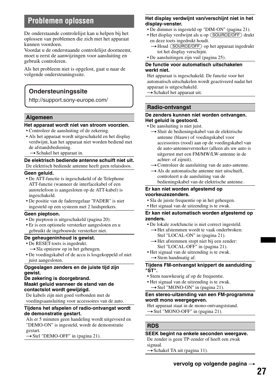 Problemen oplossen, Ondersteuningssite | Sony CDX-GT550UI User Manual | Page 137 / 140