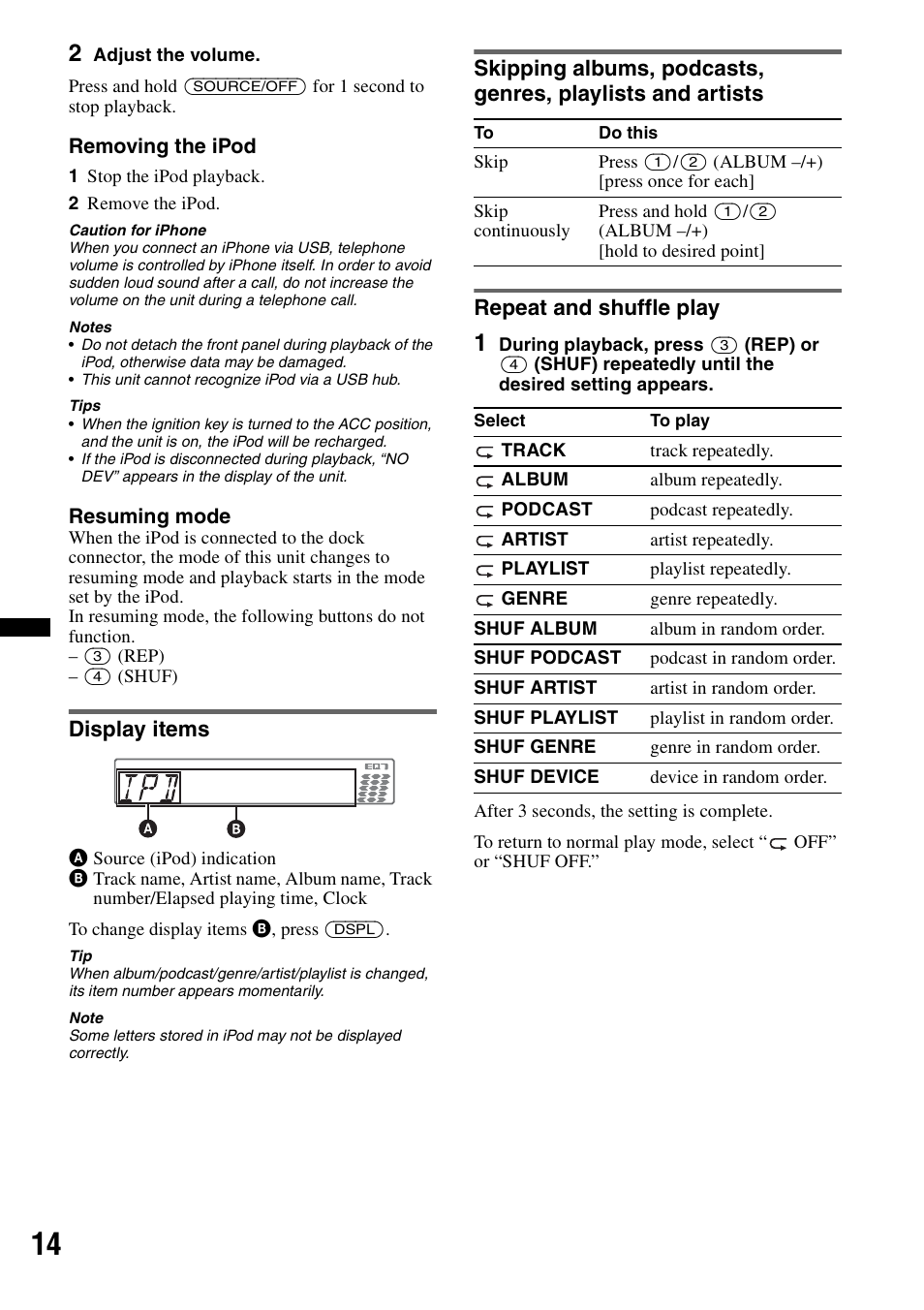 Display items, Repeat and shuffle play | Sony CDX-GT550UI User Manual | Page 14 / 140