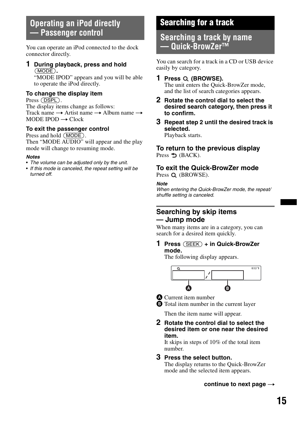 Operating an ipod directly - passenger control, Searching for a track, Searching a track by name - quick-browzer | Searching by skip items - jump mode, Operating an ipod directly — passenger control, Searching a track by name — quick-browzer, Searching by skip items — jump mode | Sony CDX-GT550UI User Manual | Page 15 / 140