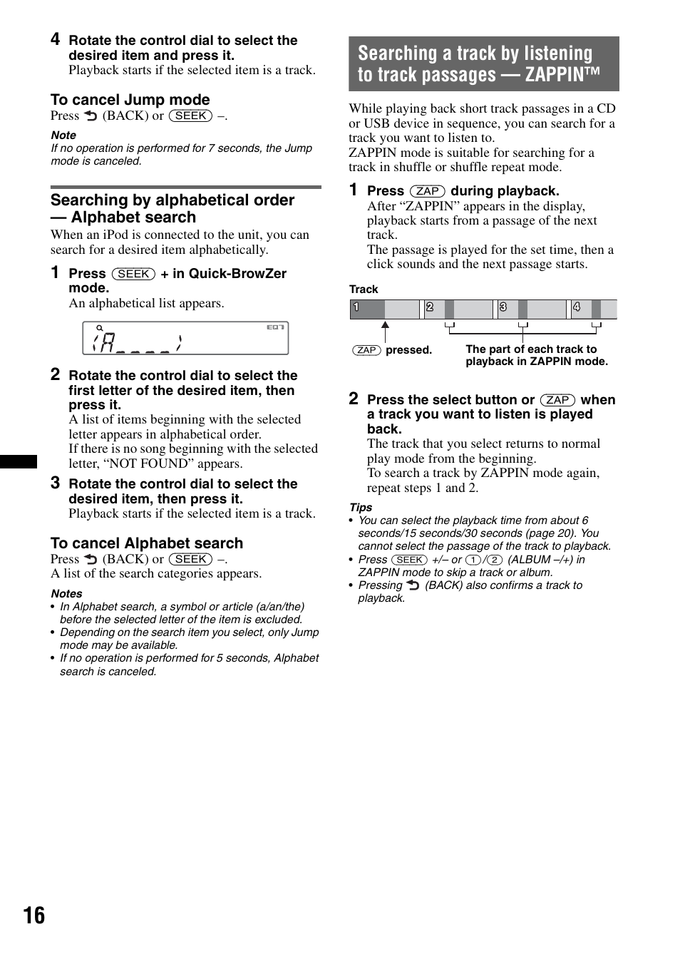 Searching by alphabetical order - alphabet search, Searching by alphabetical order — alphabet search | Sony CDX-GT550UI User Manual | Page 16 / 140