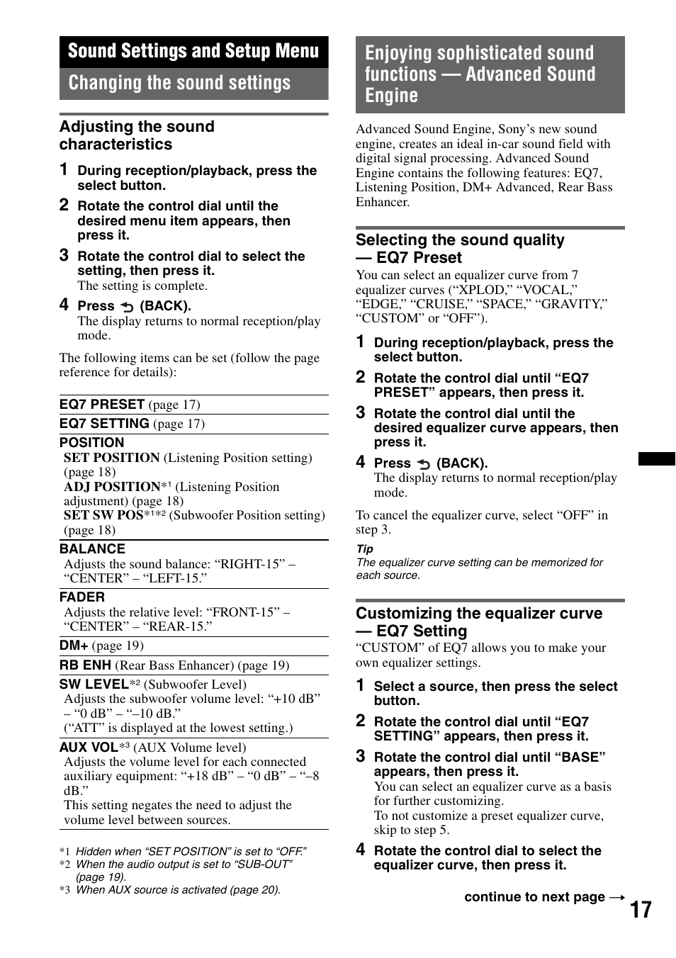 Sound settings and setup menu, Changing the sound settings, Adjusting the sound characteristics | Selecting the sound quality - eq7 preset, Customizing the equalizer curve - eq7 setting | Sony CDX-GT550UI User Manual | Page 17 / 140