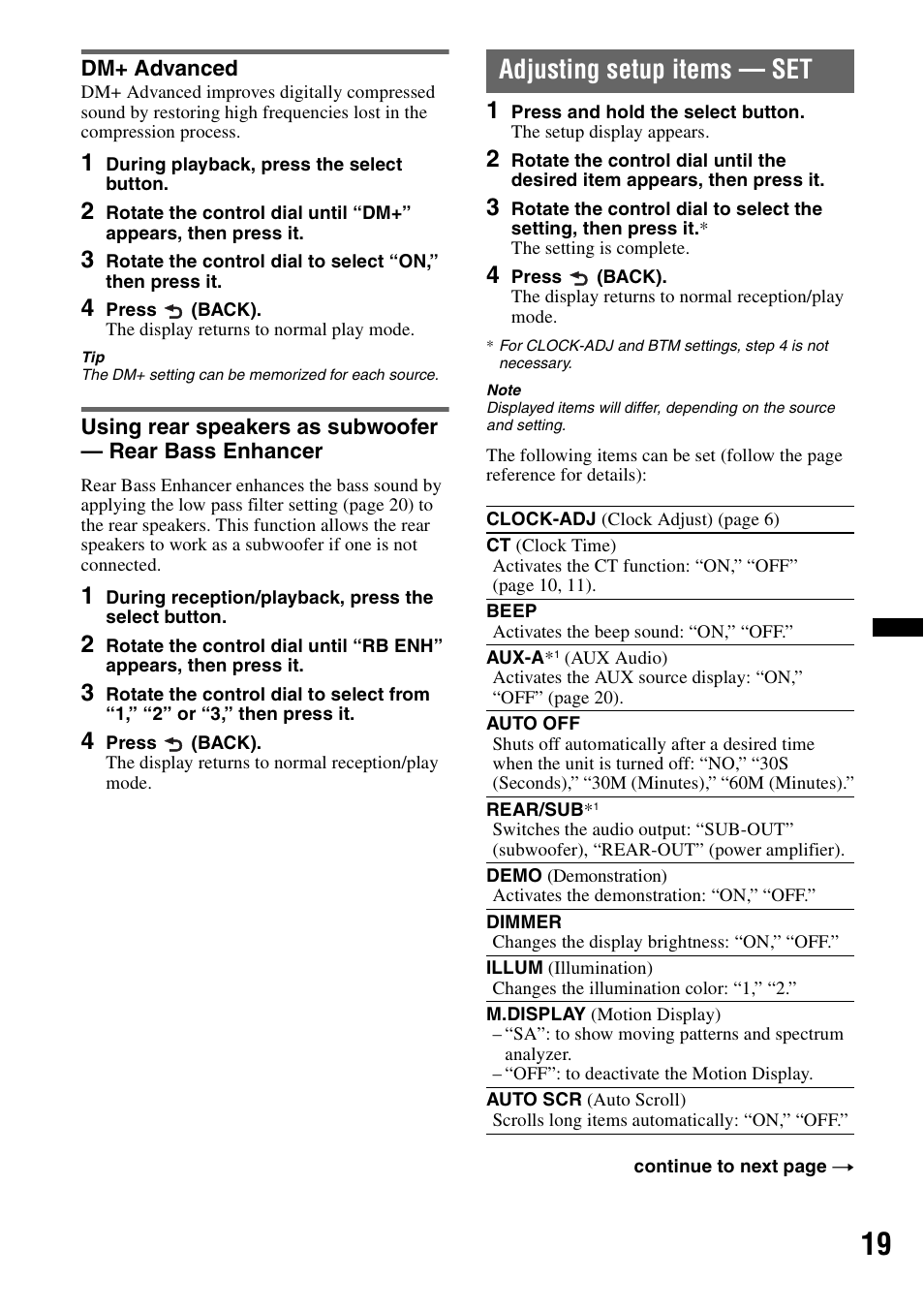 Dm+ advanced, Adjusting setup items - set, Adjusting setup items — set | Sony CDX-GT550UI User Manual | Page 19 / 140